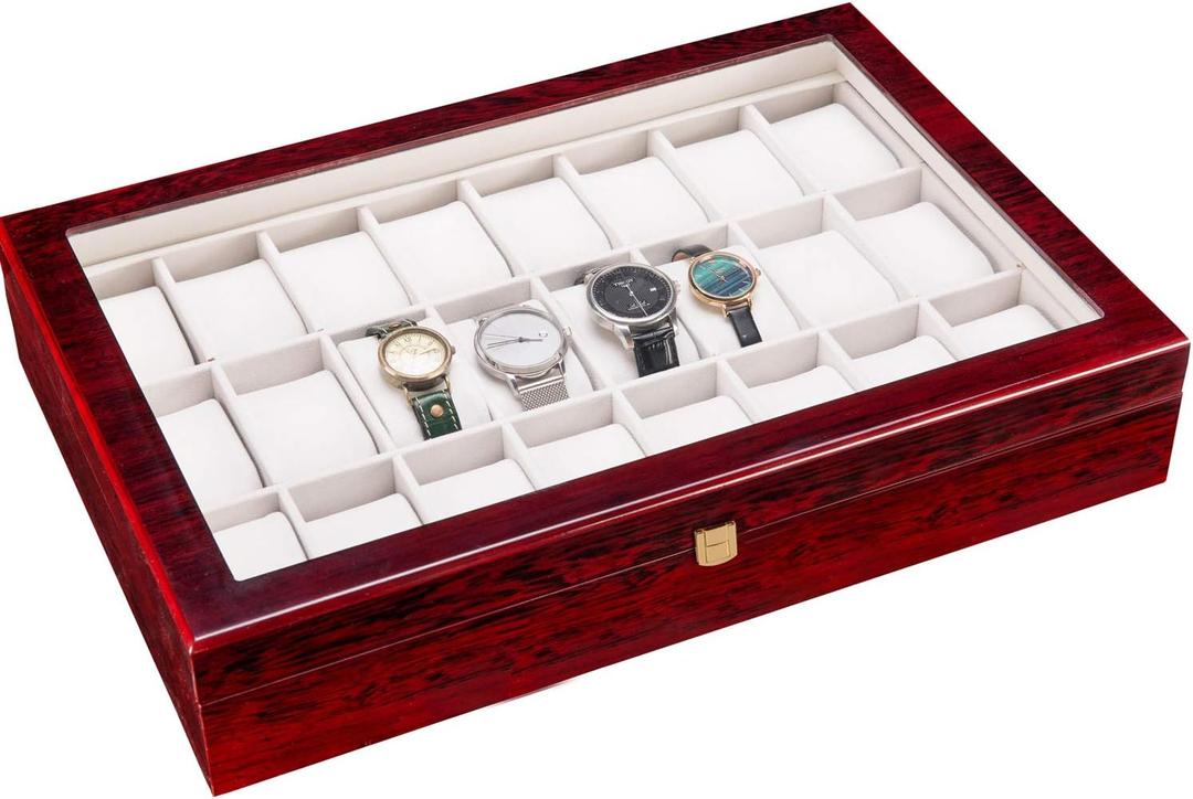 24 Slots Wooden Case Watch Display Box for Men Women Glass Top Collection Box Jewelry Storage Organizer Holder Storage Gifts (16.7" x 11.42" x 3.15", Bright Mahogany Red)