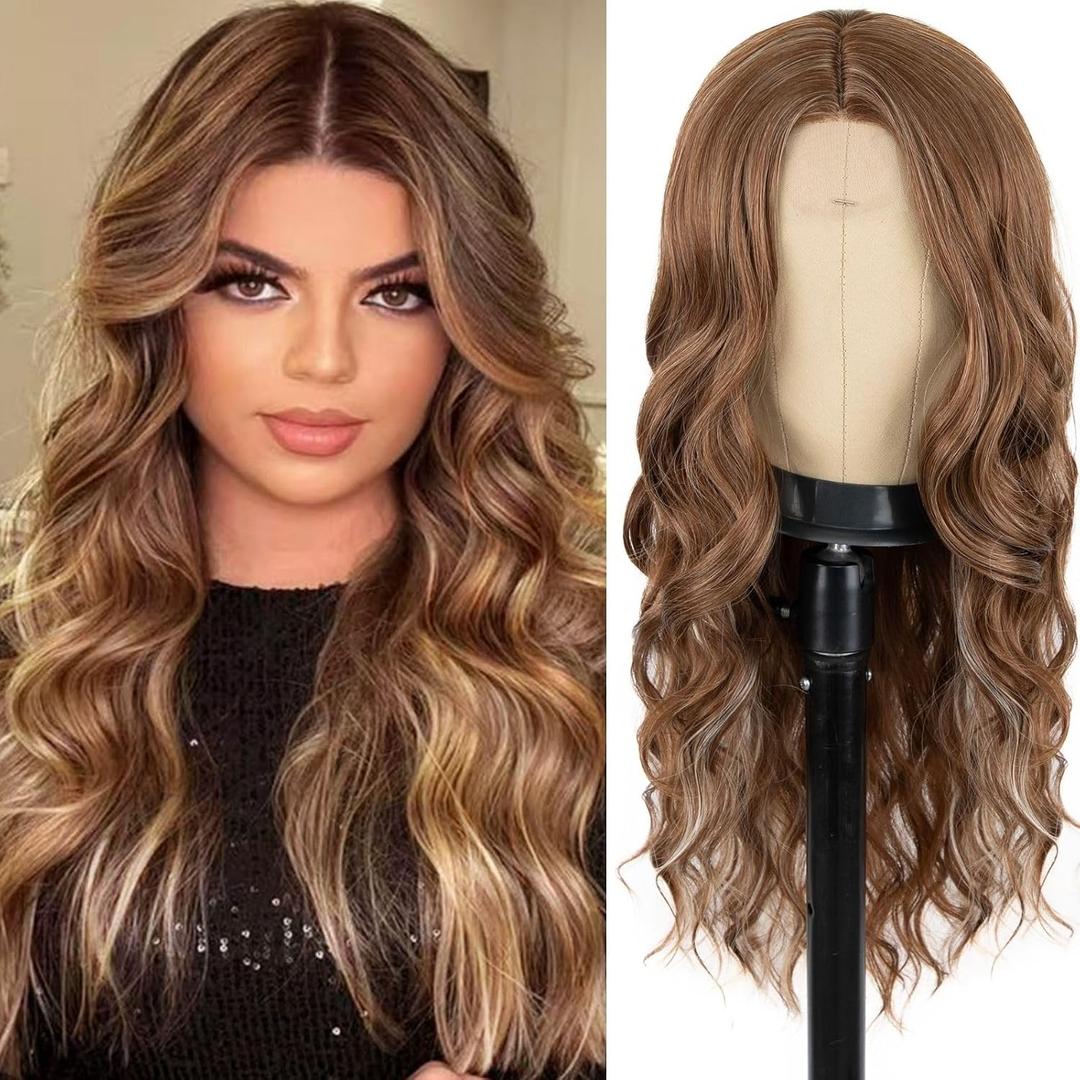 Brown Wig for Women Long Curly Wavy Lace Ginger Brown Hairline Wigs for Women Middle Part Synthetic for Daily Party Use 26Inch