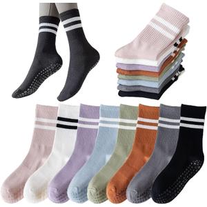 Tergy 8 Pairs Long Yoga Socks with Grip for Women Anti Skid Gripper Socks No Slip Socks for Pilates, Barre, Dance,Yoga (One Size, Stripe-style 1)