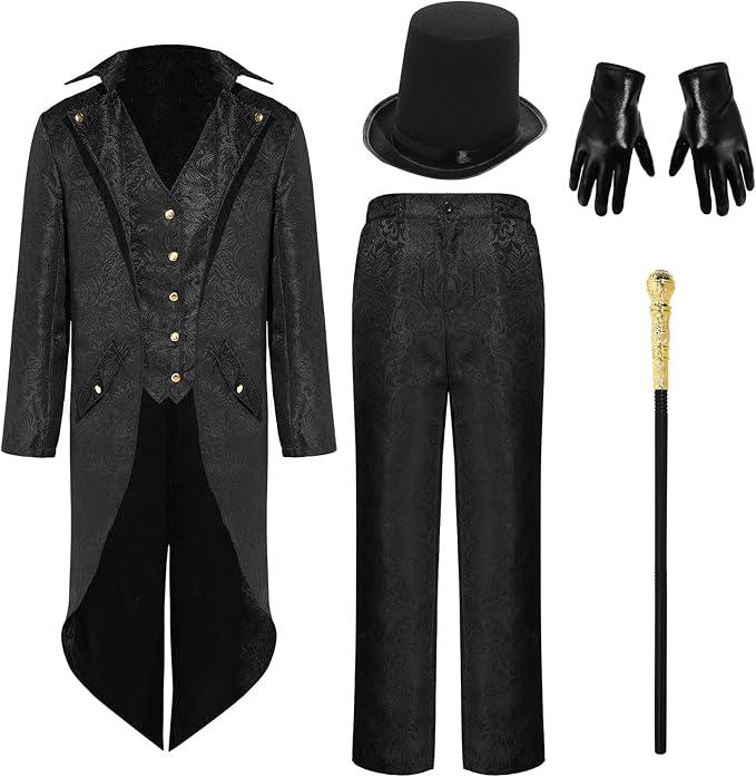5 Pcs Men's Steampunk Vintage Tailcoat Jacket Gothic Victorian Uniform Halloween Costume Set Top Hat Gold Walking Cane, 4 XL