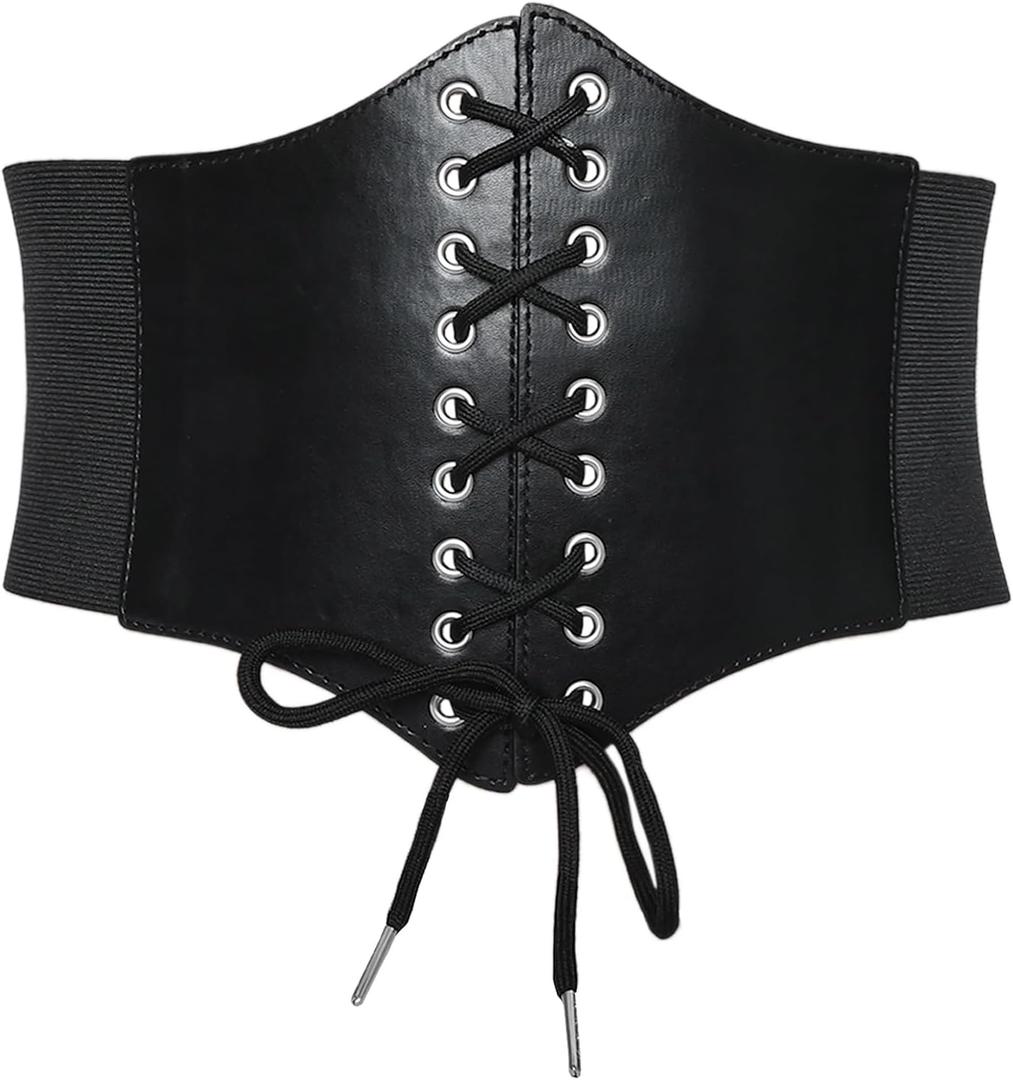 Black Corset Waist Belt for Women Elastic Lace up Renaissance Pirate Accessories Tied Waspie Wide Belt for Halloween (Black)