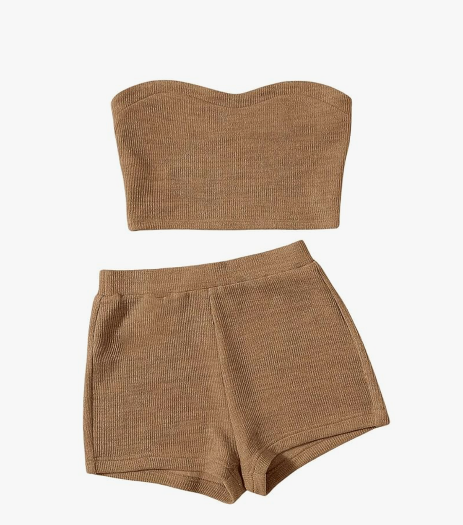 Women's 2 Piece Outfit Ribbed Crop Bandeau Tube Top and Biker Track Shorts Sets, S/M