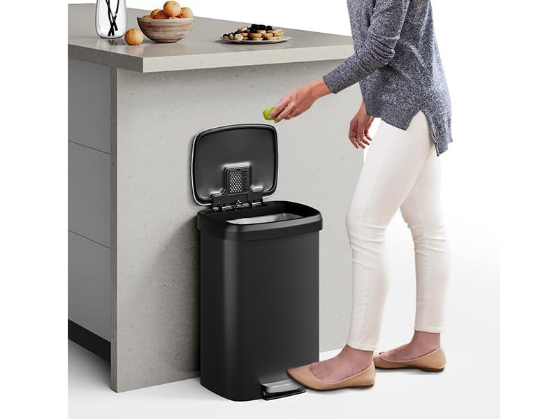 Garvee 13 Gal / 50L Large Plastic Trash Can for Kitchen, Step-On with Soft Close Lid, Liner Rim, Rustproof Garbage Bin, Rear Handle, Matte Black