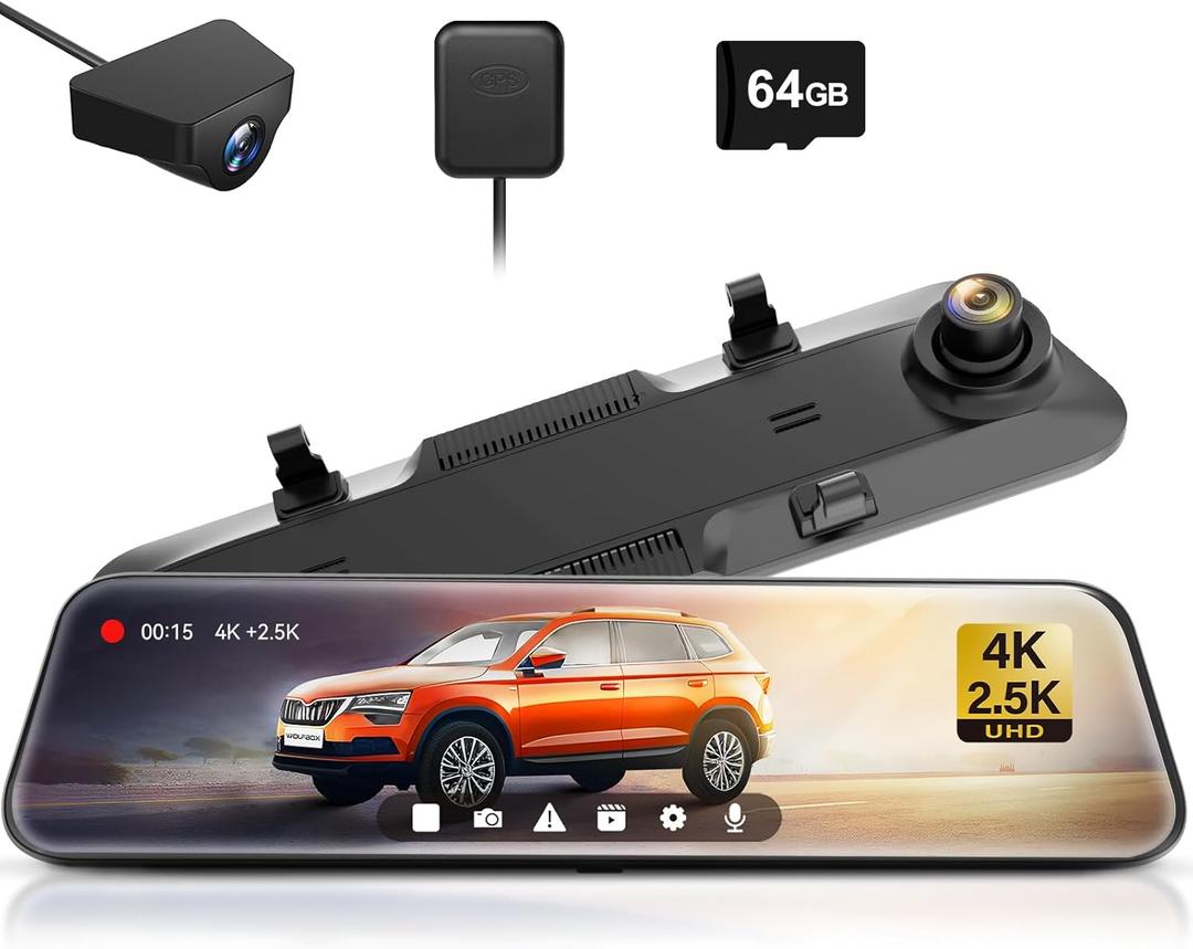 WOLFBOX G900 Rear View Mirror Camera, Mirror Dash Cam 4K Front and 2.5K Rear, Smart Full 12 Touch Screen, Backup Camera for Car, GPS, WDR, Night Vision, Included 64GB Card