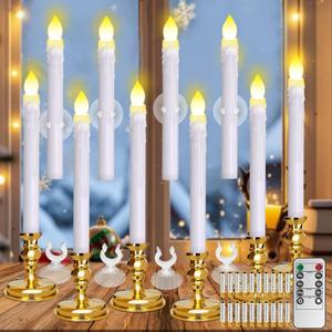 Kithouse Flameless Candles 10 Pack Battery Operated Window Candles with Drip Texture,Remote Timer,10 Removable Candle Holders,10 Suction Cups,20 AA Batteries for Home Decor Christmas Wedding(Gold)