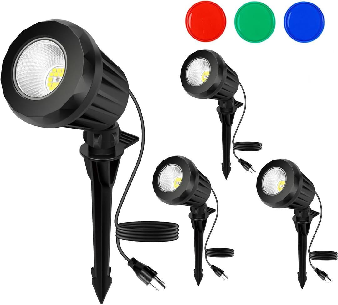 Holeva Spotlight Outdoor  120V Plug-in, 2700K Warm White LED Landscape Spot Lights with RGB 3 Lenses for Yard, Garden, Lawn&Tree Decor, IP67 Waterproof, Perfect for Holidays&Everyday (4 Pack, Black)