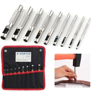 Spurtar 9 PCS Leather Hollow Round Hole Punch 3/32''-25/64'' Carbon Steel Heavy Duty Leather Hole Punch Set for Vinyl Gasket Watch Belt Canvas with Storage Bag (Silver)