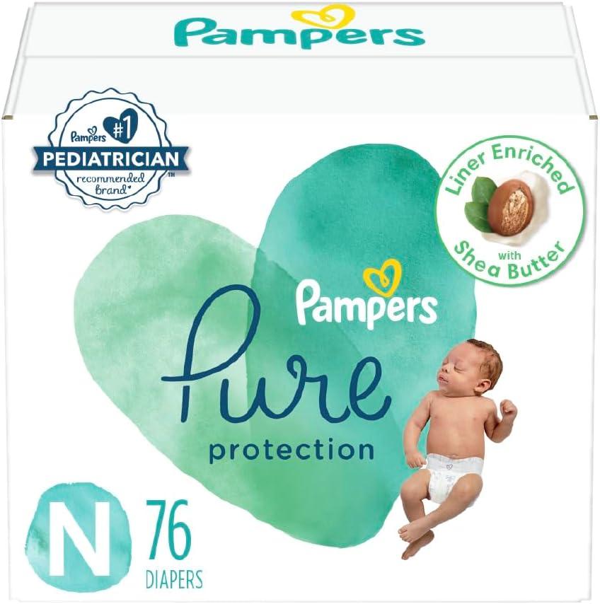 Pampers Pure Protection Baby Diapers, Size 0 (>10 lbs), 76 Count, Up to 100% Leakproof, Premium Plant-Based Skin Protection, Hypoallergenic Soft Diapers (Newborn)