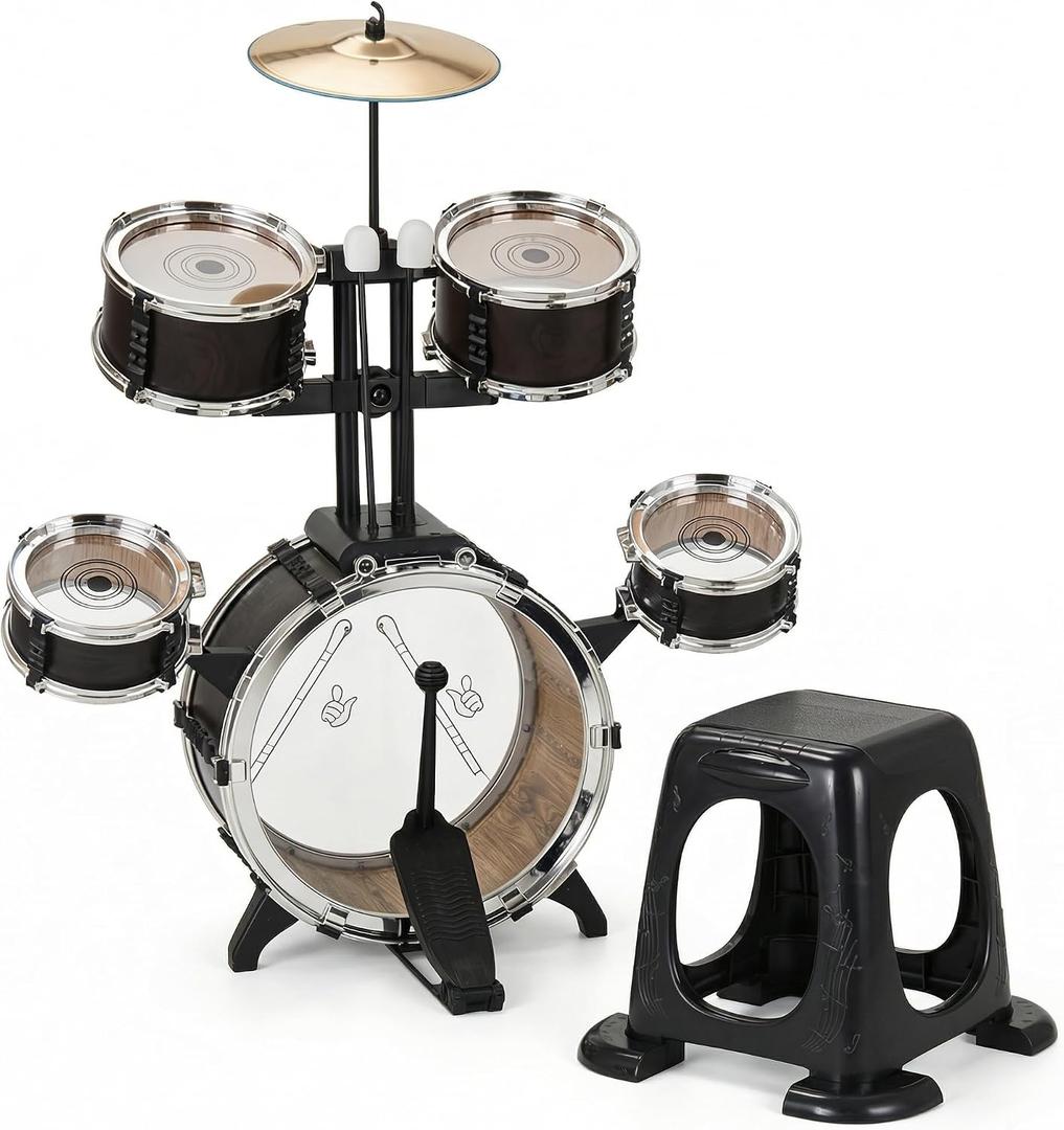 Drum Set for Kids 3-6, 5 Piece Wood Grain Drums with Stool