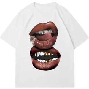 Women's Lip Graphic Oversized Tee Crew Neck Short Sleeve Drop Shoulder Hip Hop Shirts Streetwear (White, M)