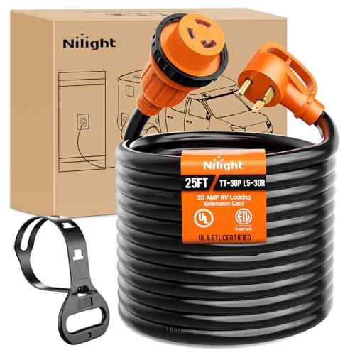Nilight 30 Amp 25FT RV Locking Extension Cord 125V Heavy Duty 10 Gauge Pure Copper STW Wire ETL Listed 3 Prong TT-30P L5-30R 30F/30M Weatherproof Suit for Camper Trailer