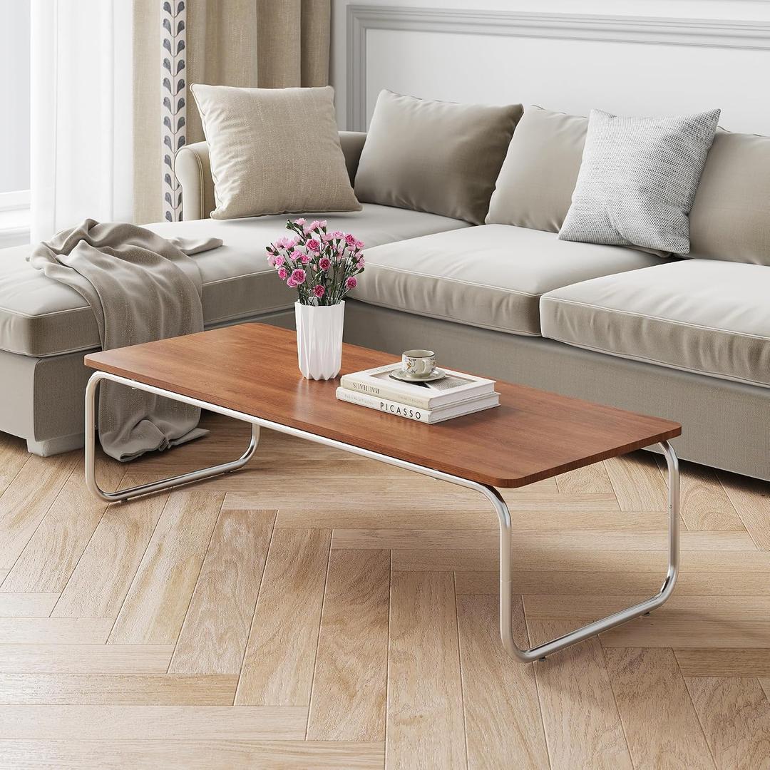 Mid-Century Modern Coffee Table, Rectangular Wood Coffee Table with U-Shaped Stainless Steel Legs, Minimalist Accent Table for Living Room, Bedroom, Office, Easy Assembly, Walnut 47"