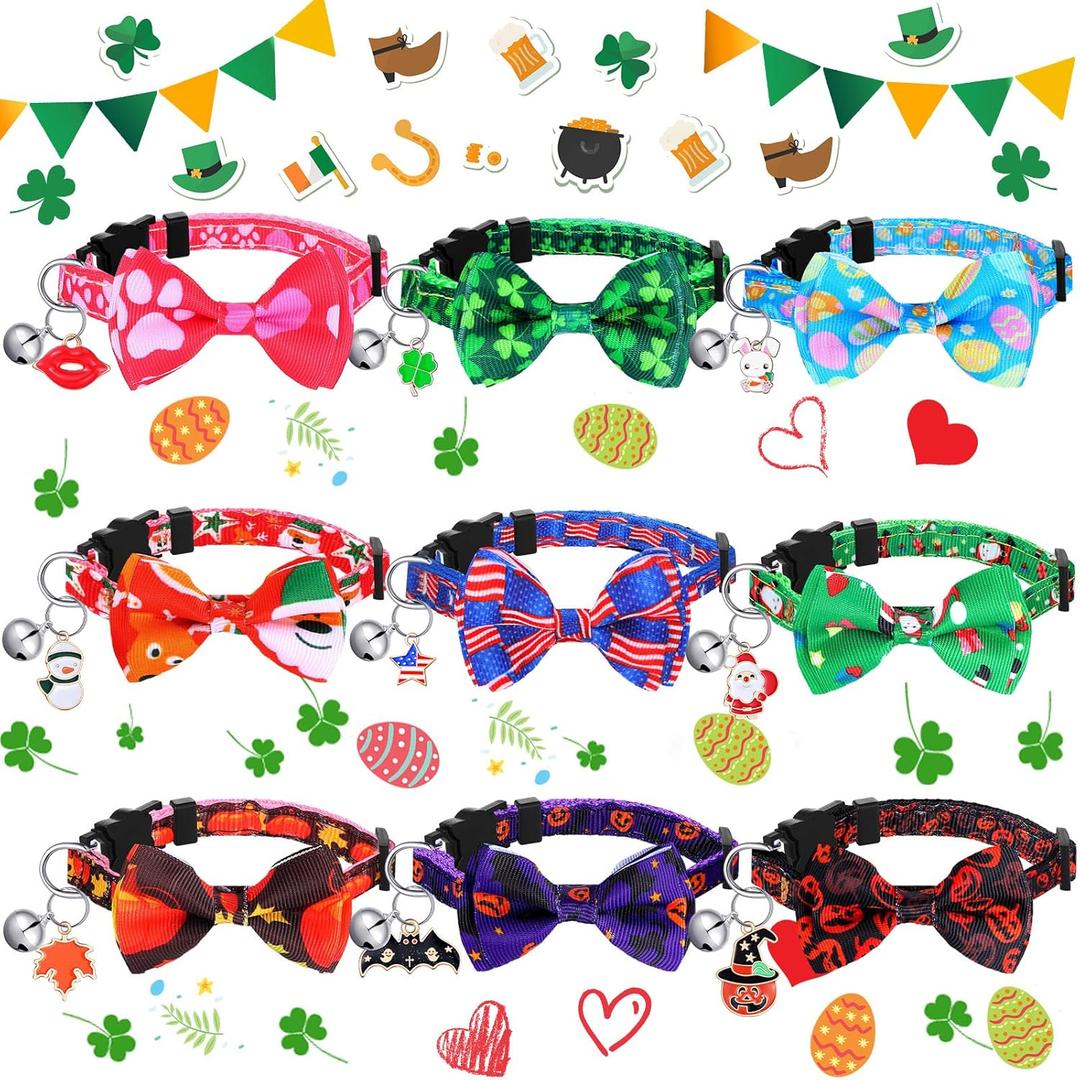 Sadnyy 9 Pcs Easter Cat Collars Holiday Breakaway Cat Collars Bulk with Bow Tie and Bells Adjustable Valentine's Day Holiday St. Patrick's Day Necklace for Kitten(S)