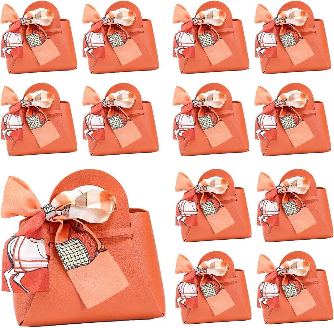 12 Pack Leather Ribbon Candy Bag Gift Bags PU Wedding Gift Bags with Handle Ribbon Reusable Party Favor Boxes for Weddings Birthdays Christmas Baby Showers Halloween(Orange)
