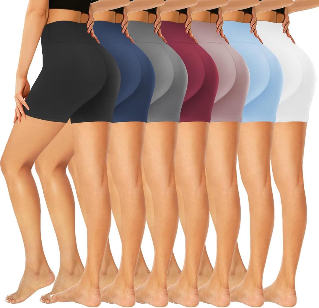 GROTEEN 7 Pack High Waisted 5''/8'' Biker Shorts for Women - Buttery Soft Black Workout Yoga Running Spandex Yoga Shorts (Small-Medium, 02-7 Pack Black/Gray/Navy/White/Rosy Brown/Wine Red/Light Blue)