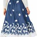 Women's Summer Elastic High Waist A-Line Vintage Embroidery Lace Tiered 2026 Casual Vacation Boho Midi Skirts (S)