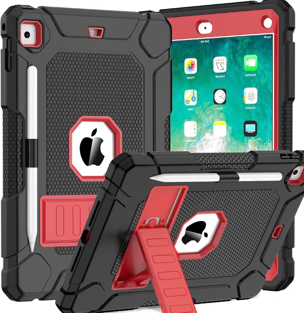 BMOUO Case for iPad 6th 5th Generation (9.7 inch, 2018/2017), Shockproof Protective iPad 9.7 Case with Built-in Stand/Pencil Holder for iPad 6th/5th Gen, Air 2, Black and Red