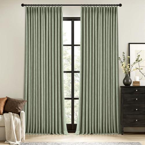 MIULEE Sage Green Pinch Pleated 100% Blackout Linen Curtains 108 Inch Long 2 Panels Set, Black Out Memory Trained Pleat Curtains Light Blocking Room Darkening Drapes for Bedroom Living Room Window