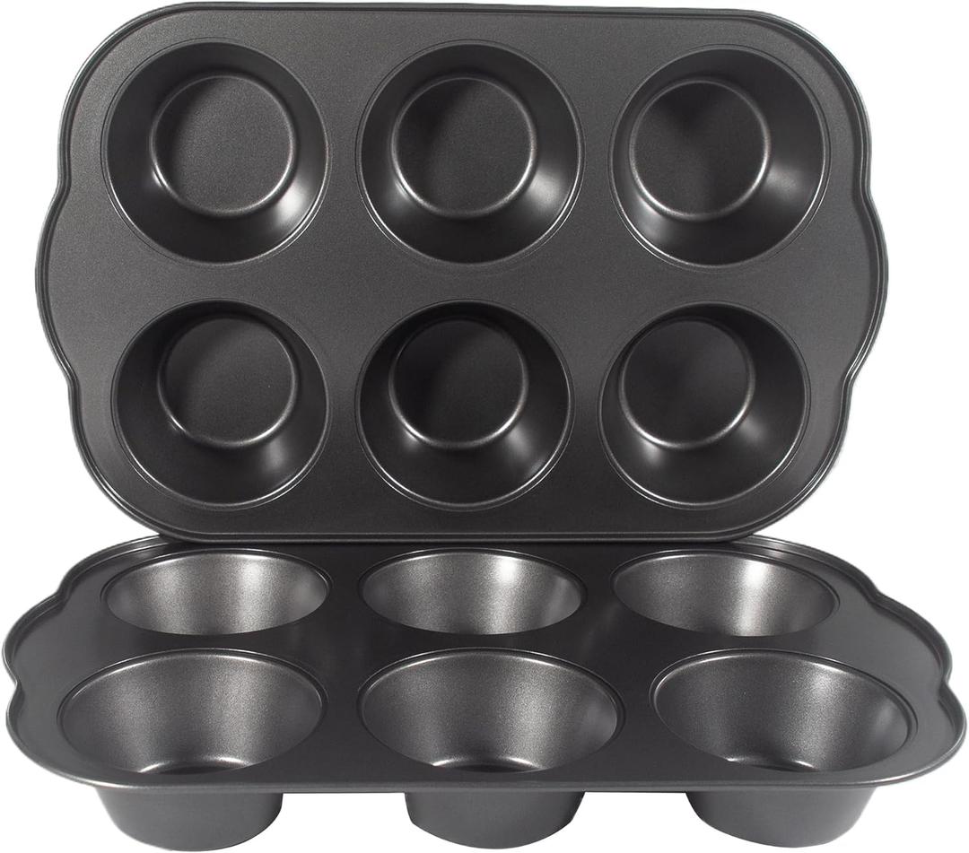 Non-Stick Jumbo Muffin Pans, 3.5" 6-Cup Set of 2 Baking Pans, Heavy Duty Carbon Steel Tins for Extra-large Muffins & Cupcakes