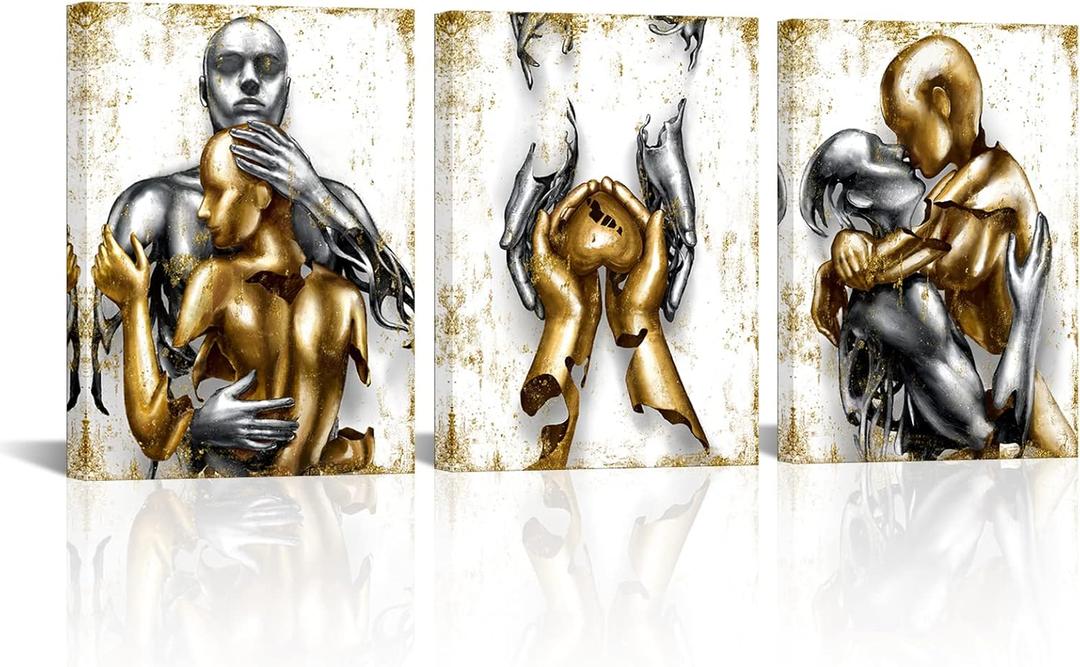 Visual Art Decor Black and Gold Love Decor Grey & Gold Hugging Couple Bedroom Wall Decor Picture Art Prints Framed Canvas Print (White, 12x16inchx3 Pieces)