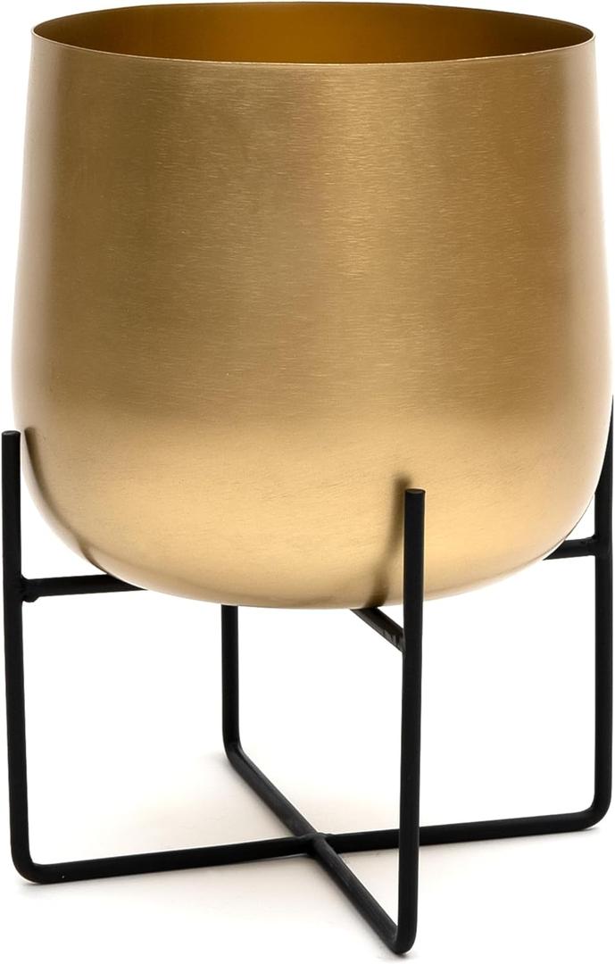 Olly & Rose 8.5 Inch Gold Metal Plant Stand with Pot - Indoor Planter, Large Flower Pot