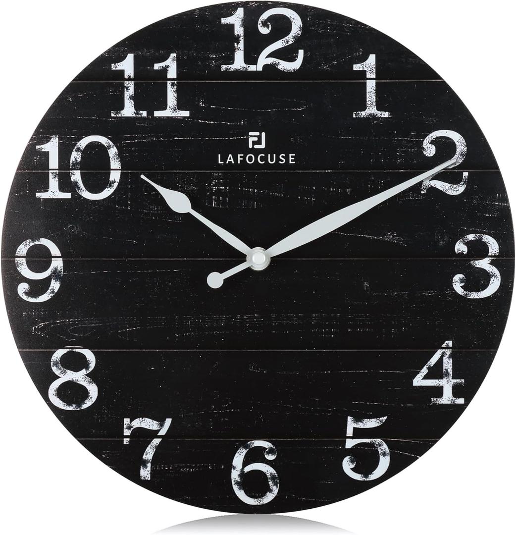 Lafocuse 12 Inch Silent Black Wall Clocks for Kitchen Living Room Decor, Wooden Rustic Wall Clock Battery Operated, Decorative Farmhouse Clock