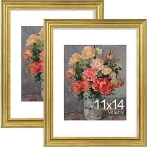 Vittanly 11x14 Picture Frames Set of 2, Ornate Vintage Photo Frame for Wall Mount, Display 8x10 Pictures with Mat or 11x14 without Mat, Rustic Gold