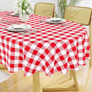 Smiry Oval Table Cloth, Waterproof Vinyl Tablecloth with Flannel Backing, Wipeable Buffalo Plaid Table Cover for Picnic, Indoor and Outdoor (Red & White, 60"x84")
