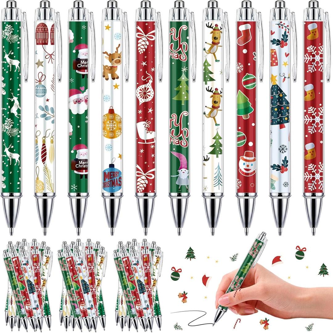 50 Pcs Christmas Pens Gift Bulk Cute Red Green Merry Christmas Retractable Ballpoint Gel Ink Pens Novelty Reindeer Santa Tree for Xmas Coworkers Holiday Parties Office Writing Supplies
