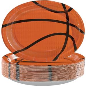 Grencian 50Pcs Basketball Party Oval Paper Plates 10" x 12" Basketball Large Disposable Paper Plates for Boys Sports Themed Party Decorations Supplies