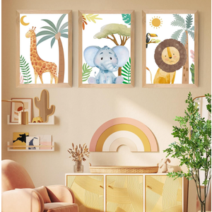 Set of 3 Framed Safari Animals Nursery Wall Art Liberia
 (16L" x 12W")