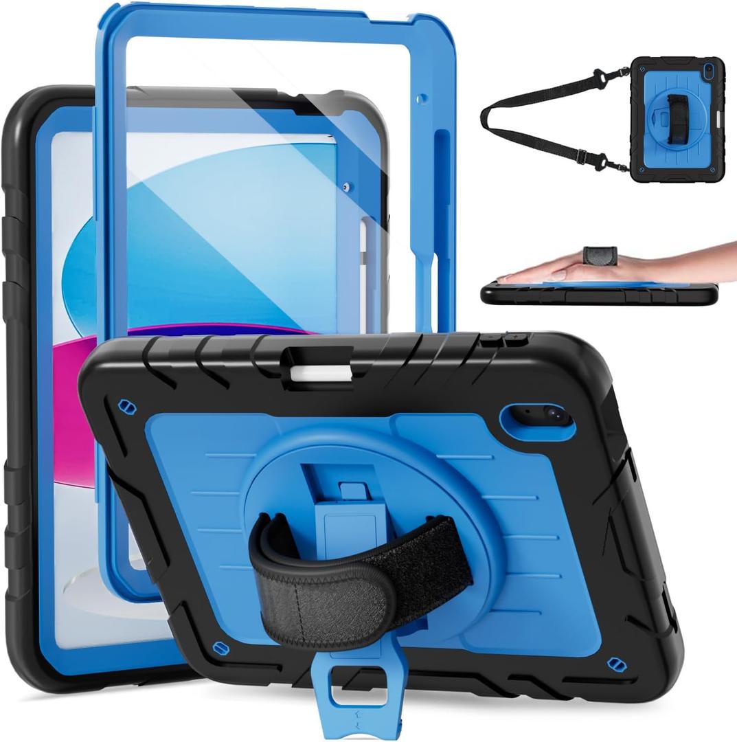 Case for iPad 10th Generation 10.9inch 2022,with Built-in Screen Protector and Kickstand,Hand Strap,Shoulder Strap for New Apple iPad 10.9 Inch(Black/Blue)