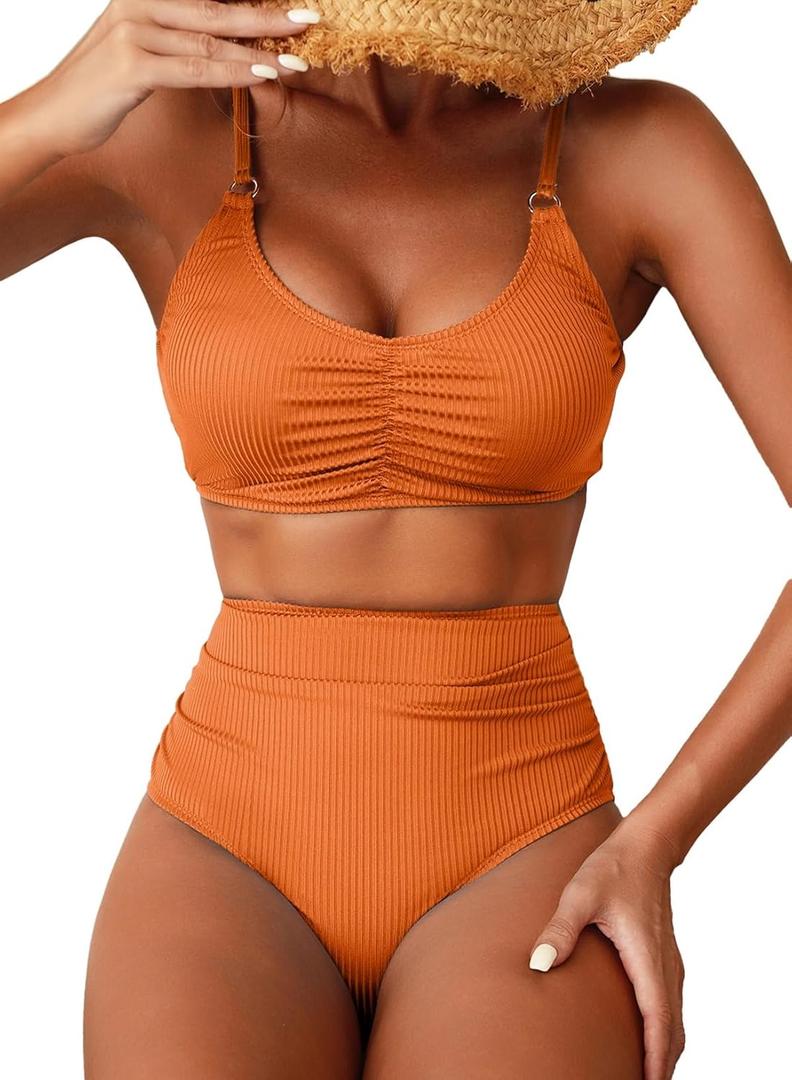 Herseas Women's Loop Straps Bikini Sets 2 Piece Shine Ribbed Swimsuits Ruched High Waisted Bathing Suits (S)