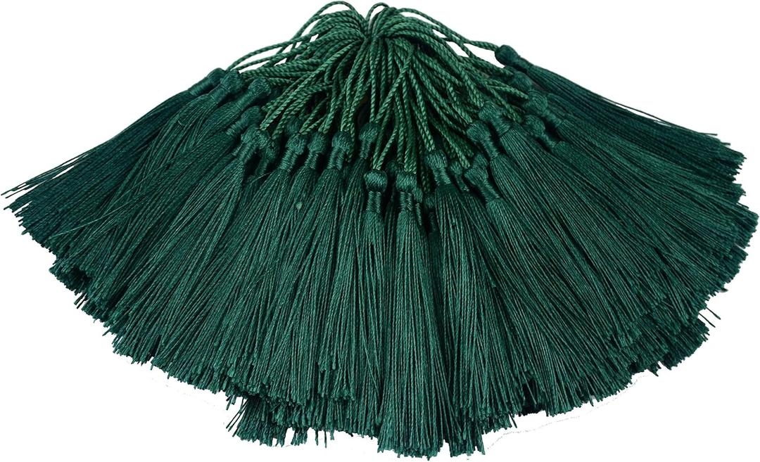 100pcs 13cm/5 Inch Silky Floss Bookmark Tassels with 2-Inch Cord Loop and Small Chinese Knot for Jewelry Making, Souvenir, Bookmarks, DIY Craft Accessory (Dark Green)