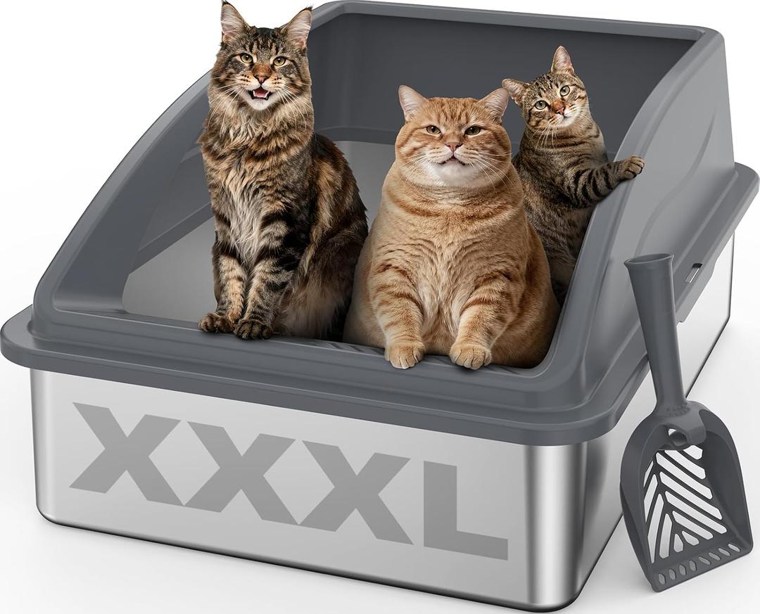 AIPERRO Stainless Steel Litter Box Extra Large for Big Cats and Multi-Cats | Jumbo Extra Large Metal Cat Box with High Sided Lid, Anti-Urine Leakage, Non-Stick,Include Litter Scoop (Dark Gray)