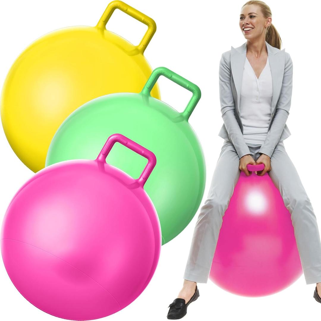 Lewtemi 3 Pcs 29 Inch Bouncing Ball with Handle, Outdoors Hopper Jumping Hopping Ball and Air Pump for Sports Exercise (Yellow, Light Green, Pink)
