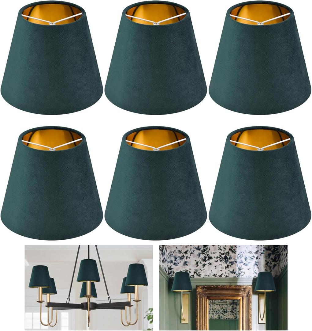 Dark Green Velvet Mini Lamp Shade Set of 6,Small Lamp Shade (Clip On Bulb)4 x 6 x 5in,Modern Chandelier Lamp Shades for Desk Lamps,Table Lamps,Pendant Lights,Bell Lamps Shade in Hand Crafted -By GO&SO