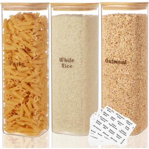 3 Pcs Square Glass Pantry Storage Containers with Bamboo Airtight Lid and 248 Clear Pantry Labels Preprinted - 74oz Thicken Glass Food Storage Jars for Coffee, Cookie, Tea, Sugar, Spice