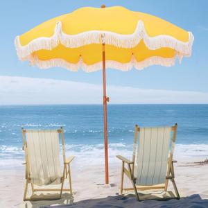 PHI VILLA 7ft Beach Umbrella with Fringe & Sand Anchor, Outdoor Patio Heavy Duty Windproof Portable Tassel Umbrellas for Sand with Push Button Tilt & Carrying Bag, UPF 50+, Yellow