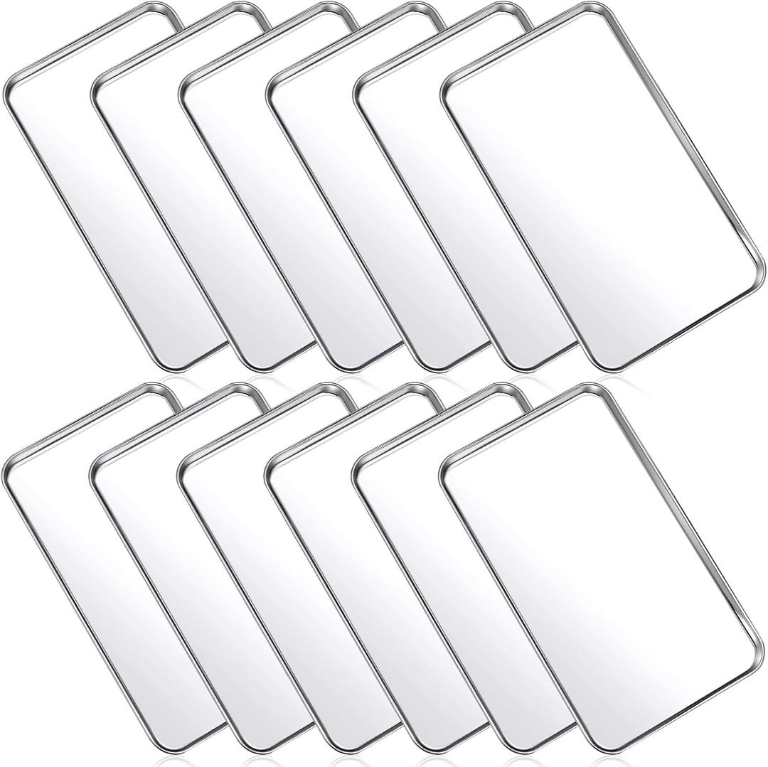 Mimorou 12 Pcs Baking Sheet Stainless Steel Cookie Small Metal Sheet Pans Professional Rectangle Oven Trays Kitchen Baking Cooking Oven and Toaster, Dishwasher Safe(10.2 x 5.9 Inch)
