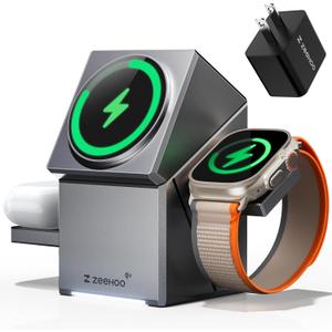 ZEEHOO 3 in 1 Charging Station for Apple, iPhone Mag-Safe Charger, Qi2 Certified, Rotating Wireless Charger Stand for iPhone 16,15,14,13,12 Series, Apple Watch, AirPods (USB-C Charger Included) (Metal Gray)