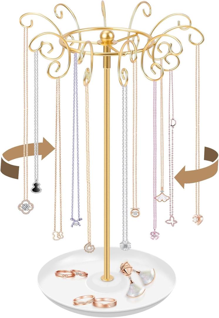 Necklace Holder Jewelry Stand, Gold Necklace Organizer Display with 20 W-shaped Hooks,Jewelry Organizer for Necklaces Earrings Rings Storage Tree, Presents for Women