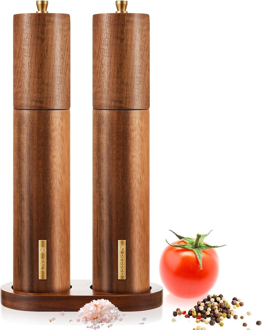 Wooden Salt and Pepper Grinder Set 10 Inch Manual Salt and Pepper Mill with Tray Adjustable Coarseness Refillable Wood Grinders with Gold Bottle Label for Kitchen(Wood Color)