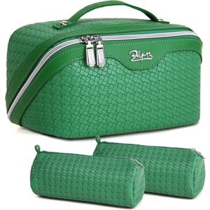 BOYATU Travel Makeup Bags for Women: Large Cosmetic Organizer Bag - Vegan Leather Make up Bag Set of 3 - Protable Toiletry Bags with Compartments (L19 Green) (L19 Green)