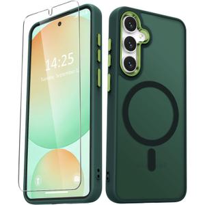 for Samsung Galaxy S24 FE Case, Matte Magnetic Phone Case with 1 Screen Protector, Support for Magsafe, Translucent Frosted Slim Shockproof Protective Cover for Samsung Galaxy S24 FE, Dark Green