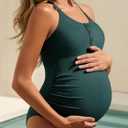 Summer Mae Maternity Swimsuit One Piece Bathing Suit Button Neck Cross Back (Green, 3XL)