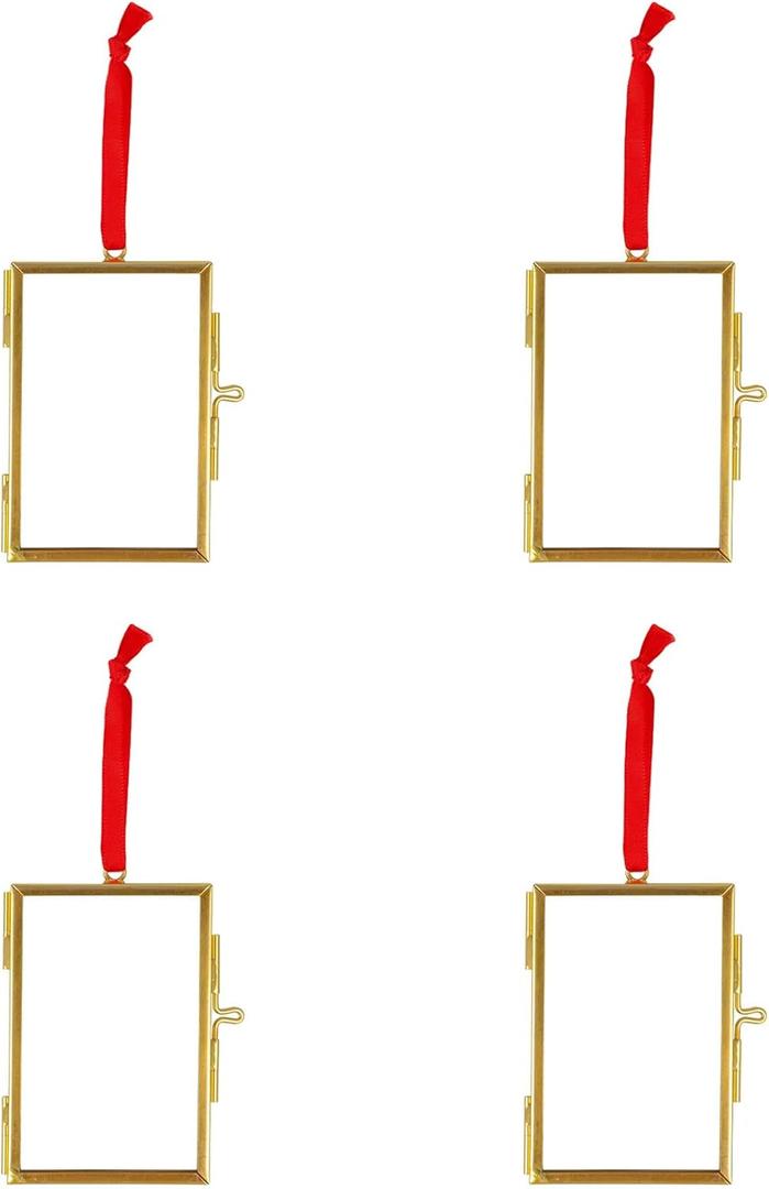 4PCS Glass Picture Frame Ornament, 2x3 Inch Brass Hanging Photo Frame Mini Vintage Double Glass Frame for Christmas Tree Home Wall(Gold)