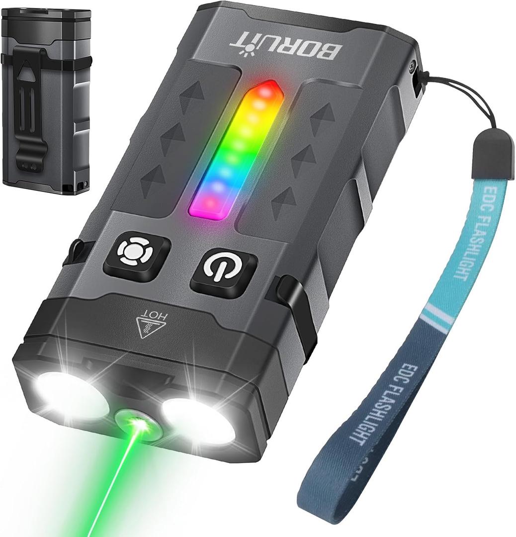 BORUIT EV20L LED Rechargeable Small EDC Flashlight with Green Beam,Pocket Keychain Flashlights with RGB Side Light,IP66 Waterproof,Clip & Tail Magnet for Outdoors Emergency Camping,Aluminum Black