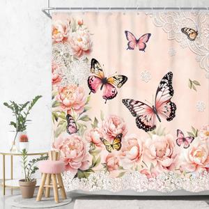 Pink Floral Butterfly Shower Curtain, Rustic Rose Gold Peony Flower Butterfly Shower Curtain for Bathroom, 60Wx72L Inch Vintage Pretty Woman Bathroom Set Bathtub Bath Accessories Home Decor