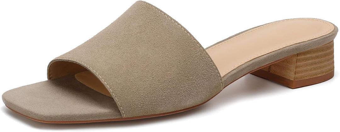 VICKI·VICKI Women’s Suede Slide Sandals, Low Heel Square Toe Open Toe Slip On Sandals for Women, Memory Foam Insole, Dressy Casual Everyday Sandals Grey Size 8.5